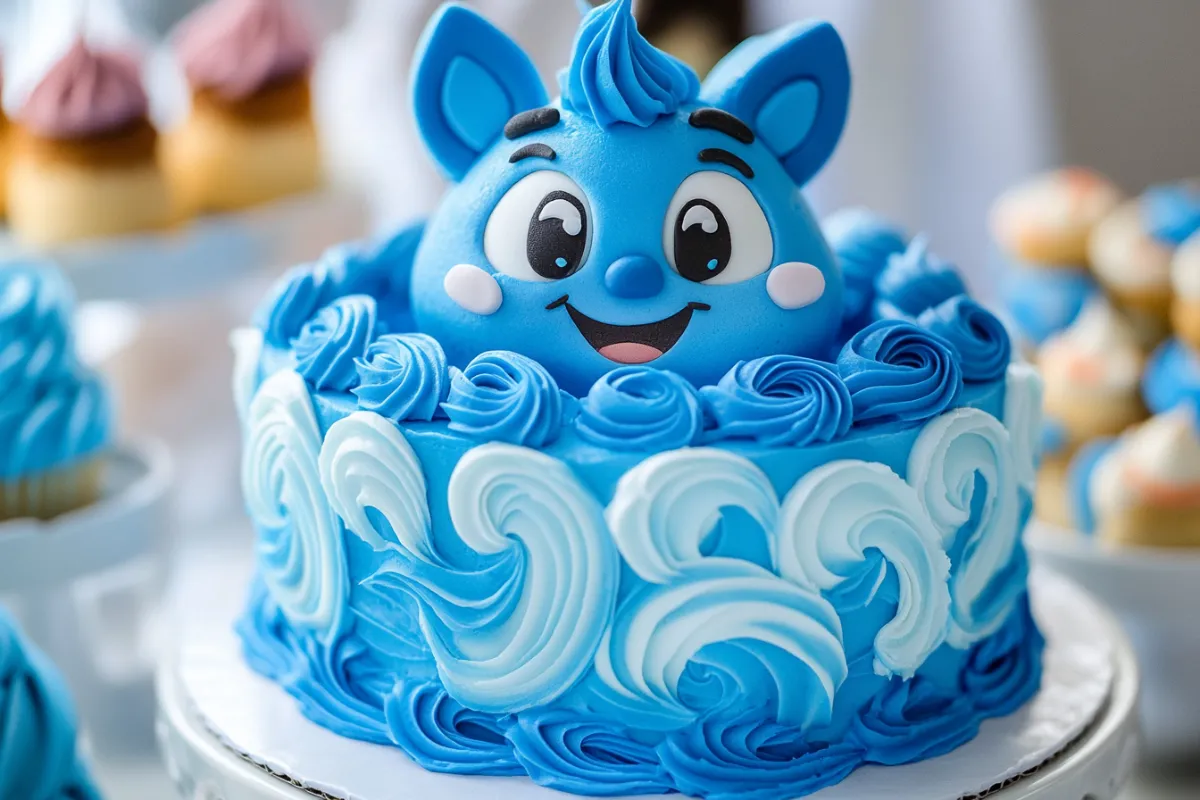 Bluey-colored icing on a cake with swirled blue frosting.