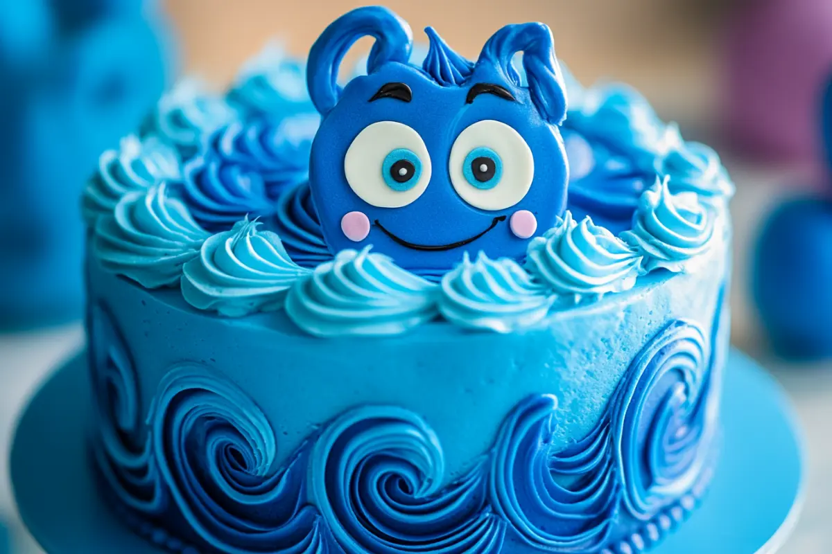 Bluey-colored icing on a cake with swirled blue frosting.