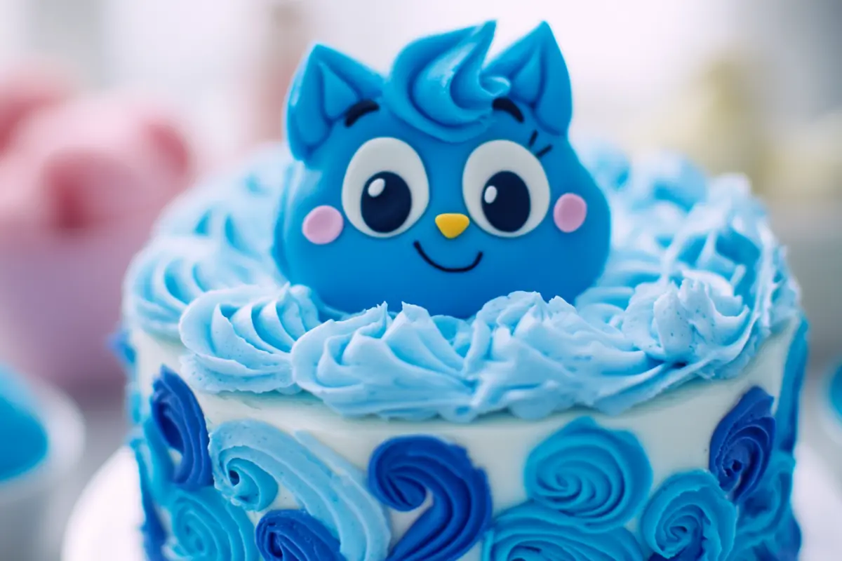 Bluey-colored icing on a cake with swirled blue frosting.