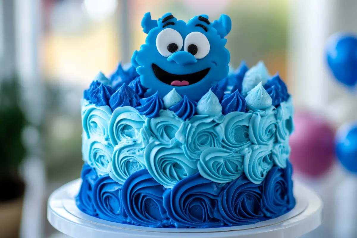 Bluey-colored icing on a cake with swirled blue frosting.