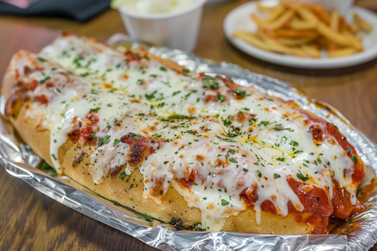 Bronx Chicken Parm topped with marinara sauce and melted cheese