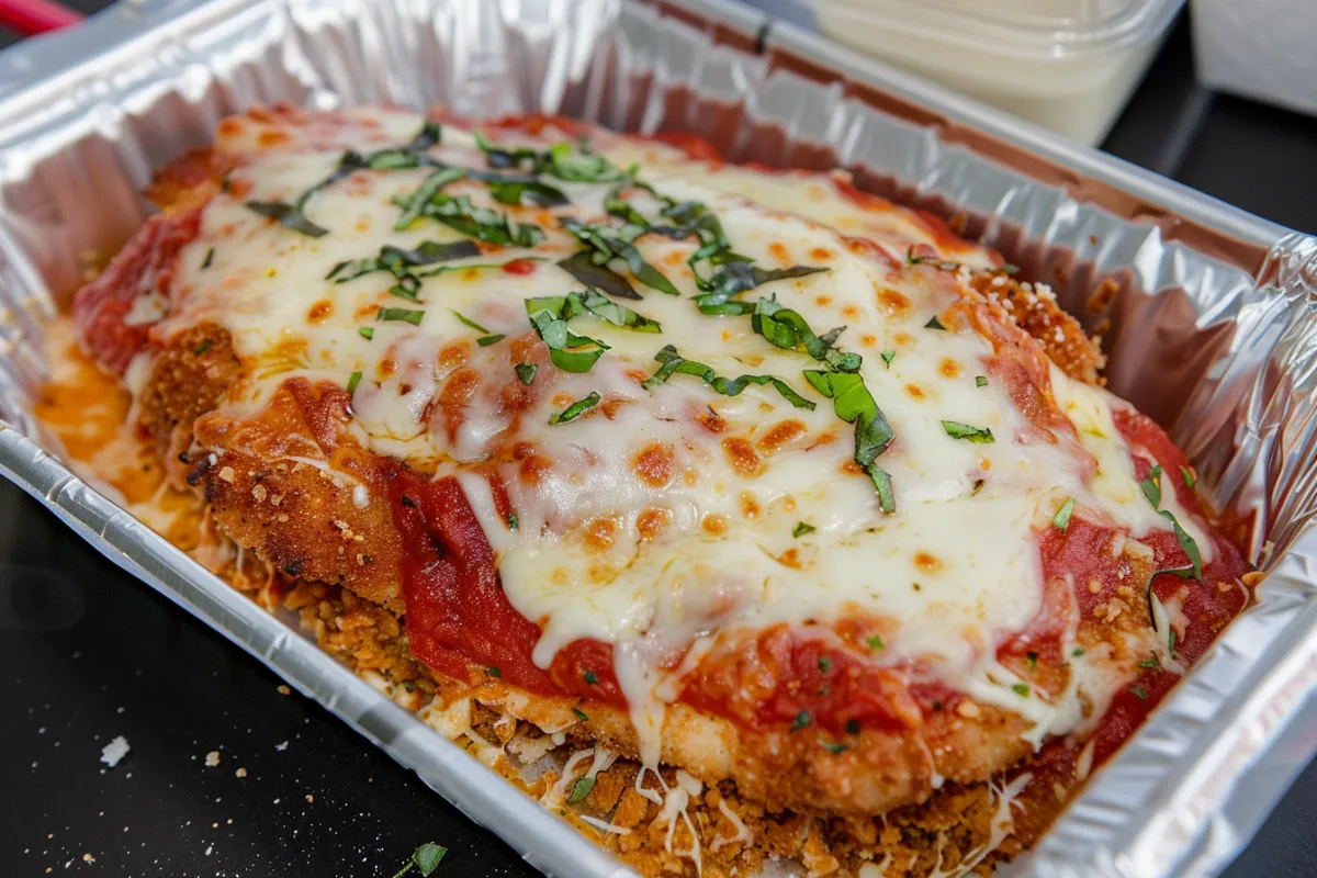 Bronx Chicken Parm topped with marinara sauce and melted cheese