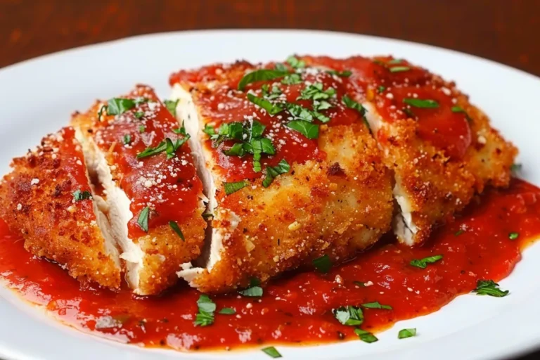 Chicken Parmesan with crispy breading and marinara sauce