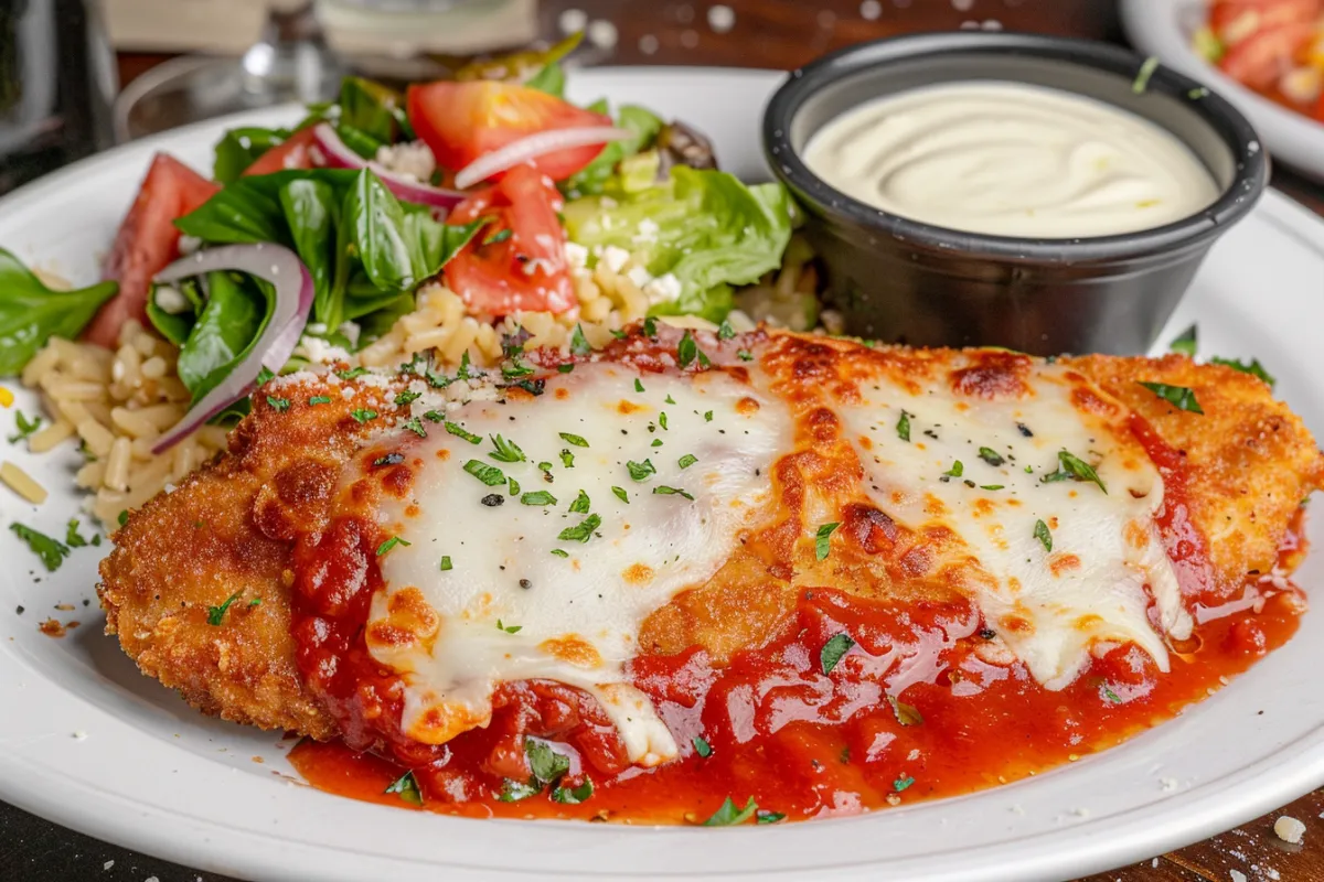 Chicken Parmesan with crispy breading and marinara sauce