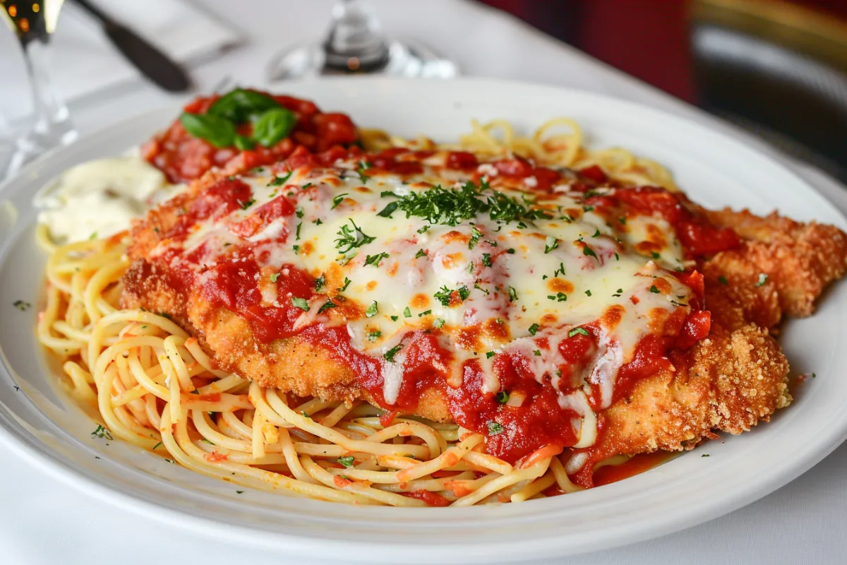 Chicken Parmesan with crispy breading and marinara sauce