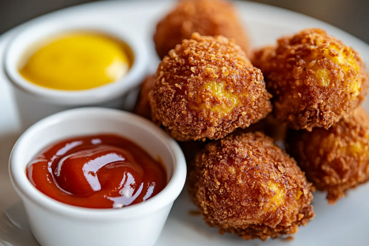 Crispy golden-brown corn dog nuggets on a plate with dipping sauces