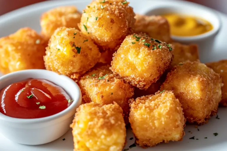 Crispy golden-brown corn dog nuggets on a plate with dipping sauces