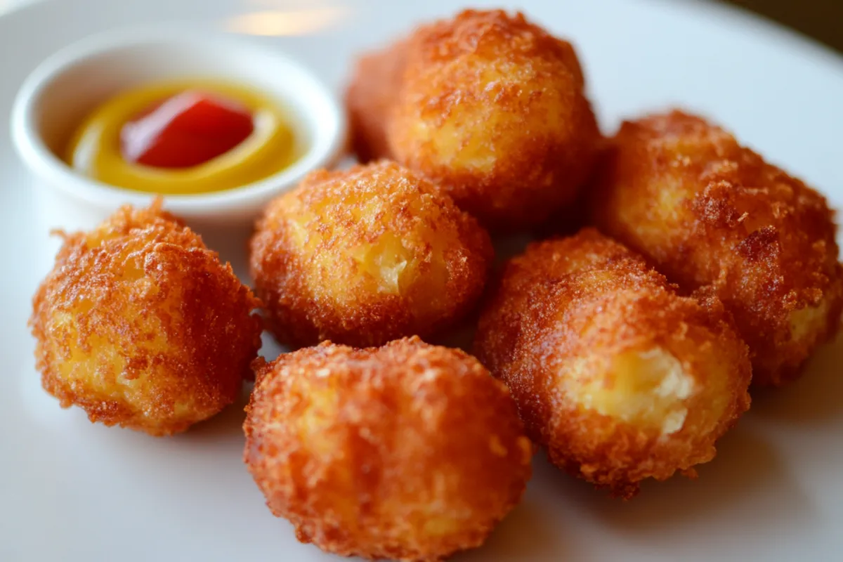 Crispy golden-brown corn dog nuggets on a plate with dipping sauces