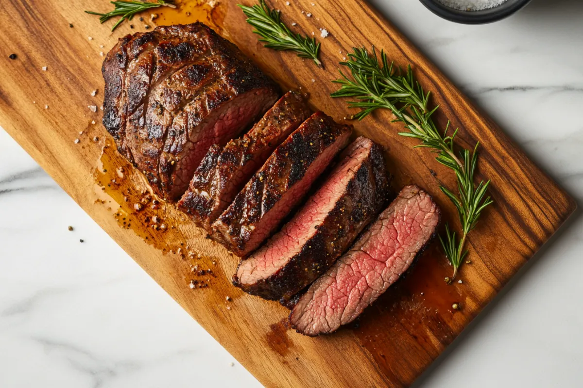 Juicy, perfectly cooked tri-tip sliced and ready to serve, prepared in an air fryer.

