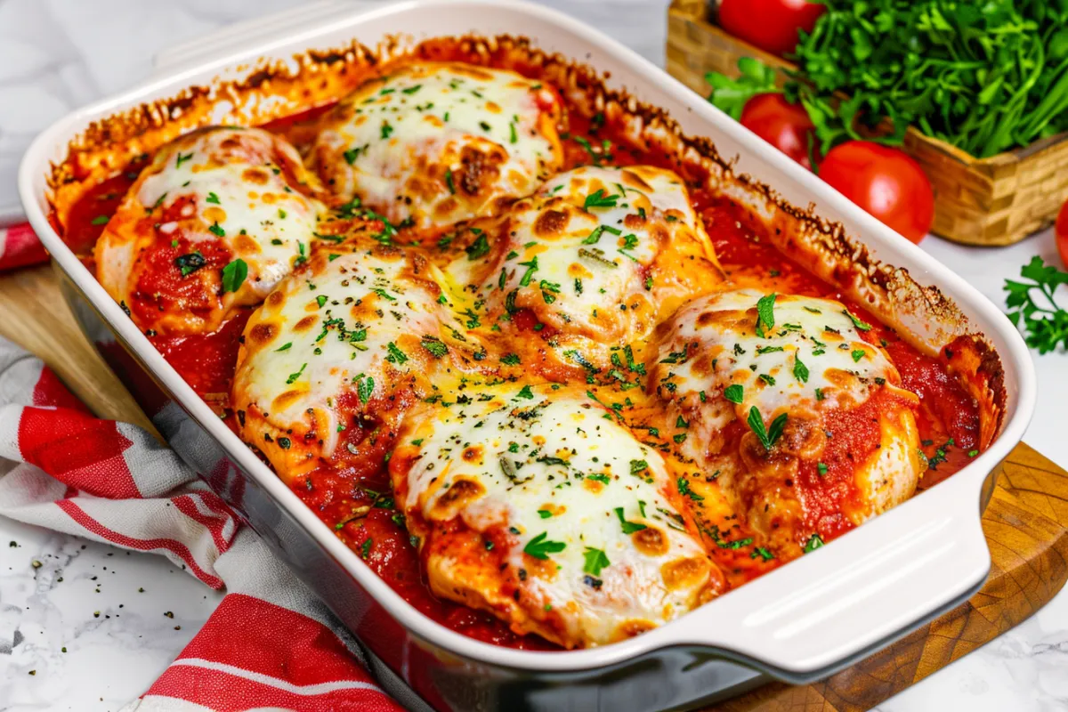 Lazy Chicken Parmesan baked with gooey melted mozzarella and marinara sauce in a baking dish