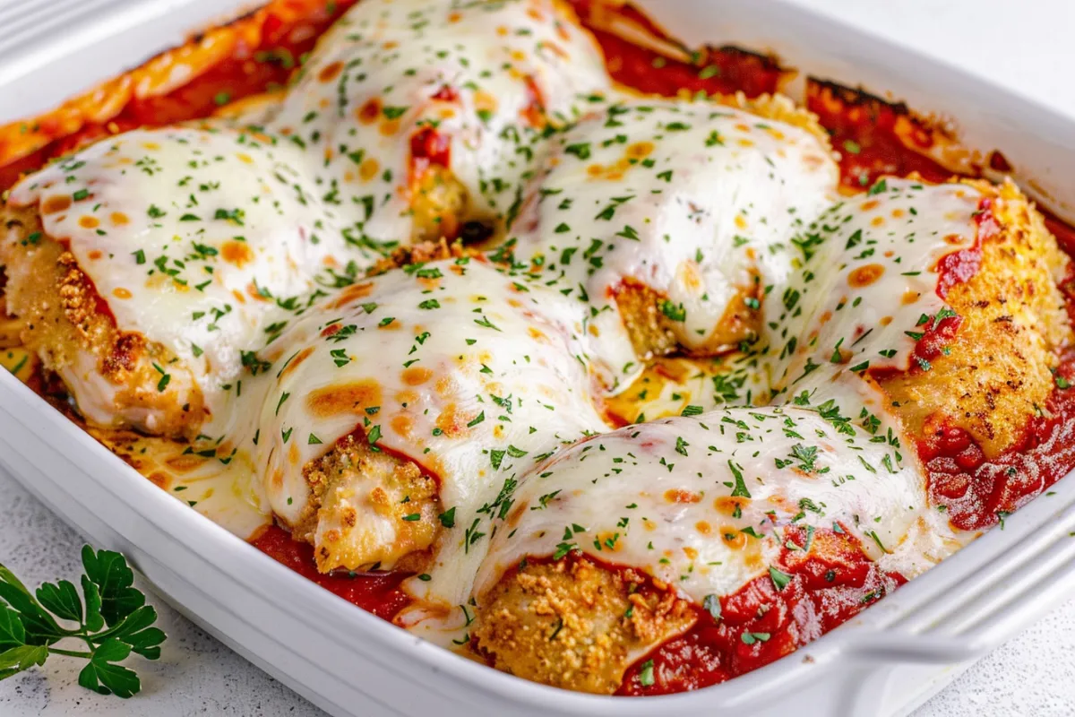 "Lazy Chicken Parmesan baked with gooey melted mozzarella and marinara sauce in a baking dish."

