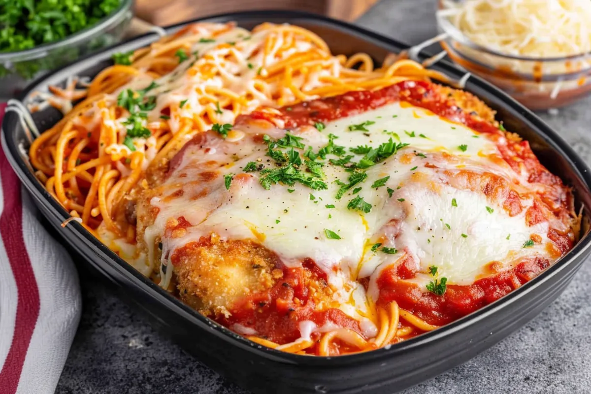 "Lazy Chicken Parmesan baked with gooey melted mozzarella and marinara sauce in a baking dish."

