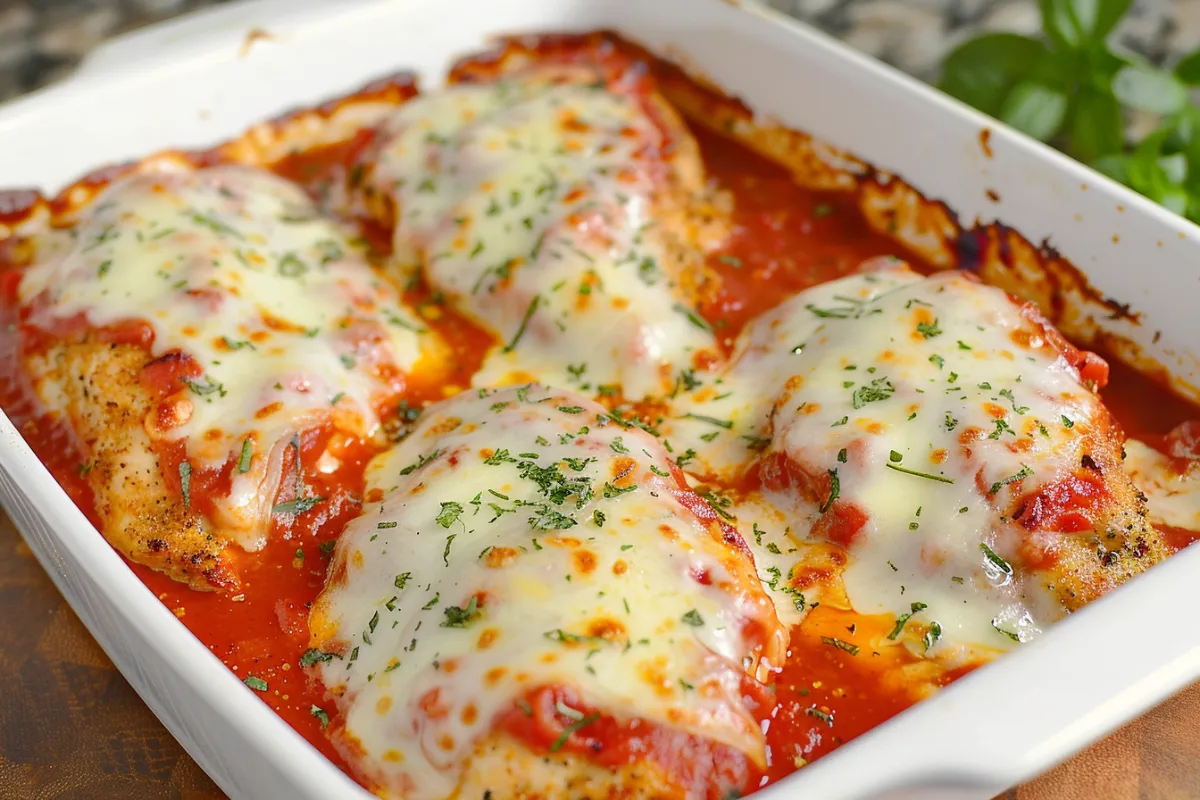 "Lazy Chicken Parmesan baked with gooey melted mozzarella and marinara sauce in a baking dish."

