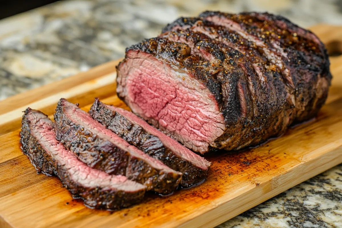 Perfectly cooked air fryer tri-tip, sliced against the grain to show a juicy center and a crispy outer crust.