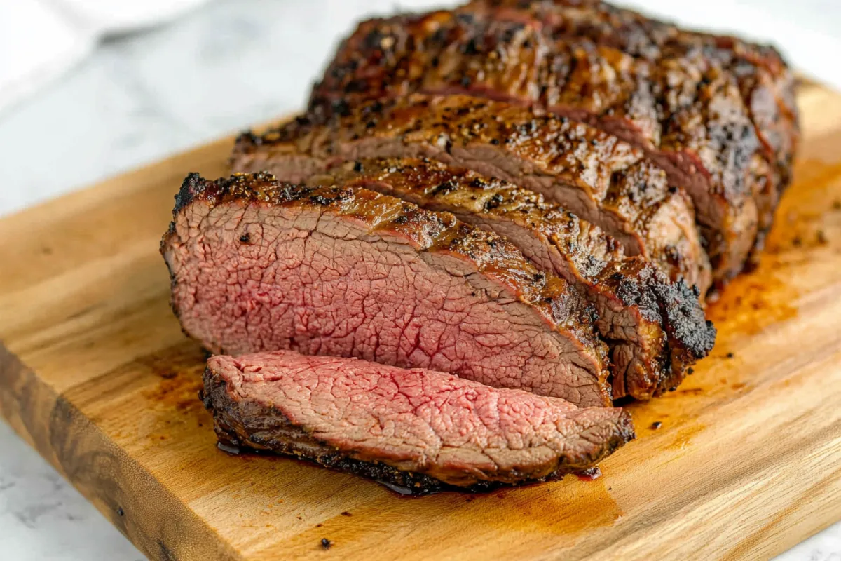 Perfectly cooked air fryer tri-tip, sliced against the grain to show a juicy center and a crispy outer crust.