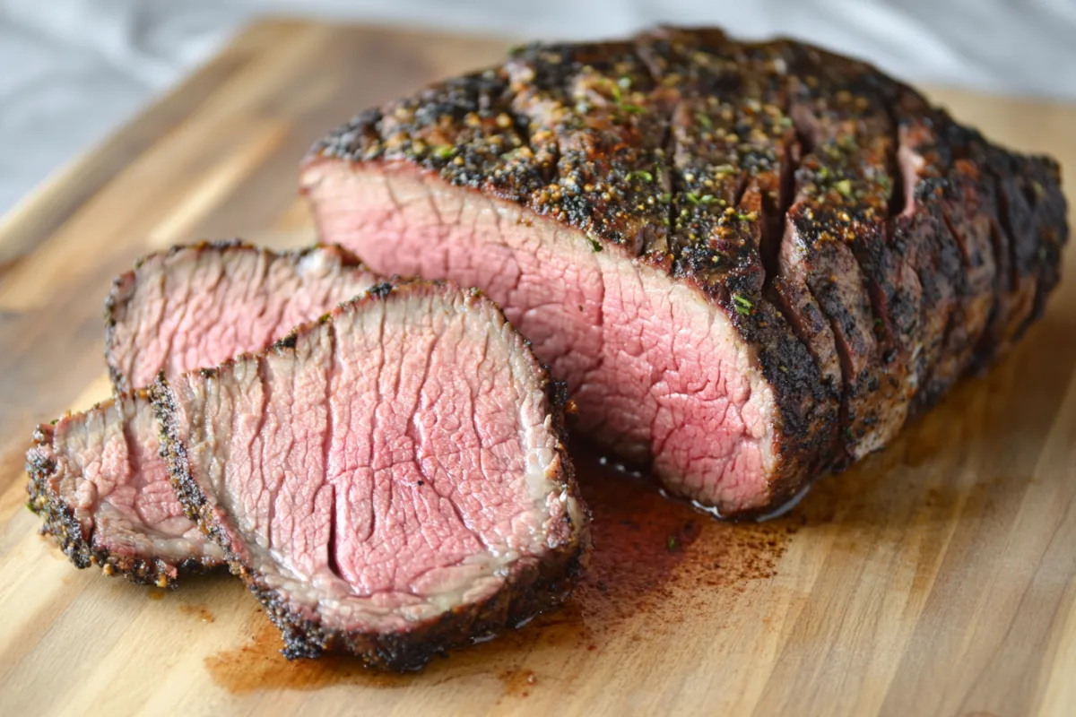 Perfectly cooked air fryer tri-tip, sliced against the grain to show a juicy center and a crispy outer crust.