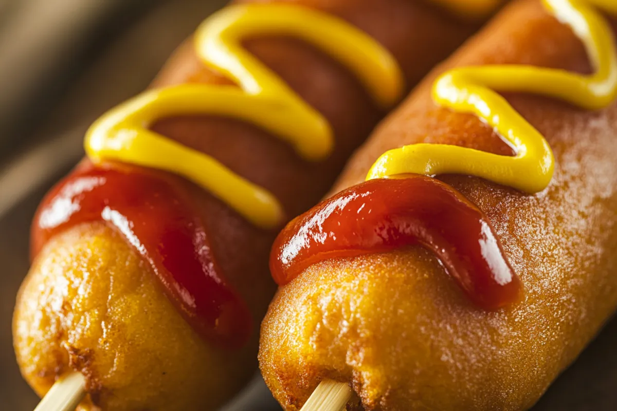 Two golden-brown crispy frozen corn dogs on a plate with dipping sauces.