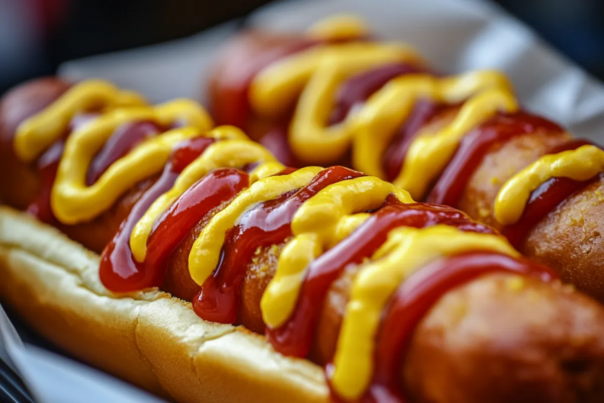  Two golden-brown crispy frozen corn dogs on a plate with dipping sauces.