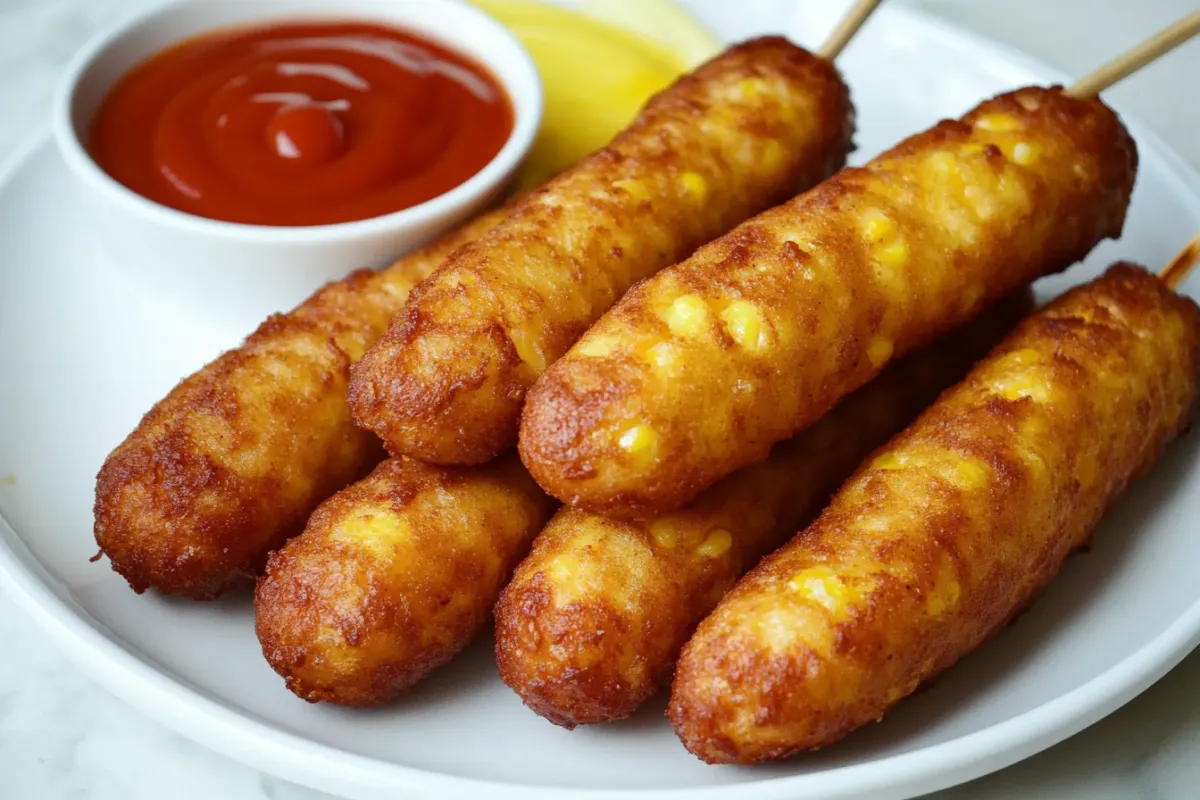 Crispy air-fried corn dogs with ketchup and mustard