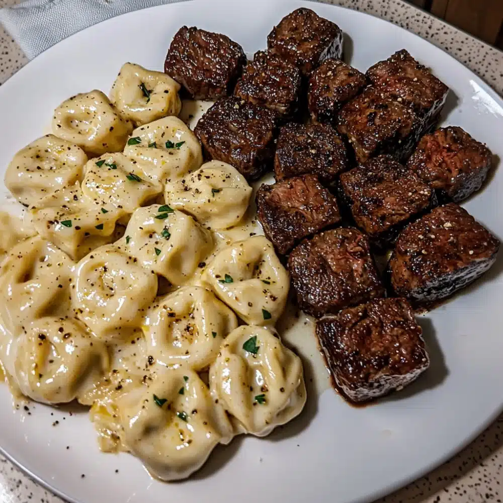 Garlic Butter Steak Bites with Alfredo Tortellini