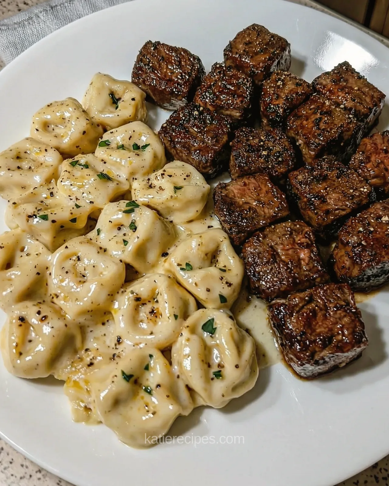 creamy Alfredo tortellini with steak bites