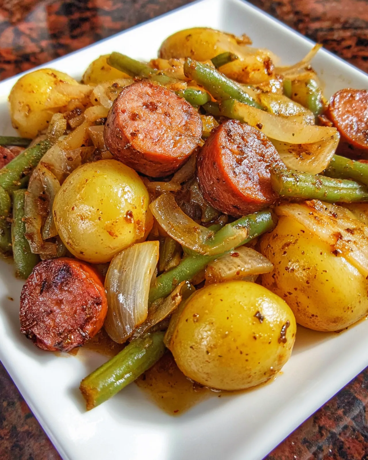 Crock Pot Swamp Potatoes with sausage, green beans, and butter