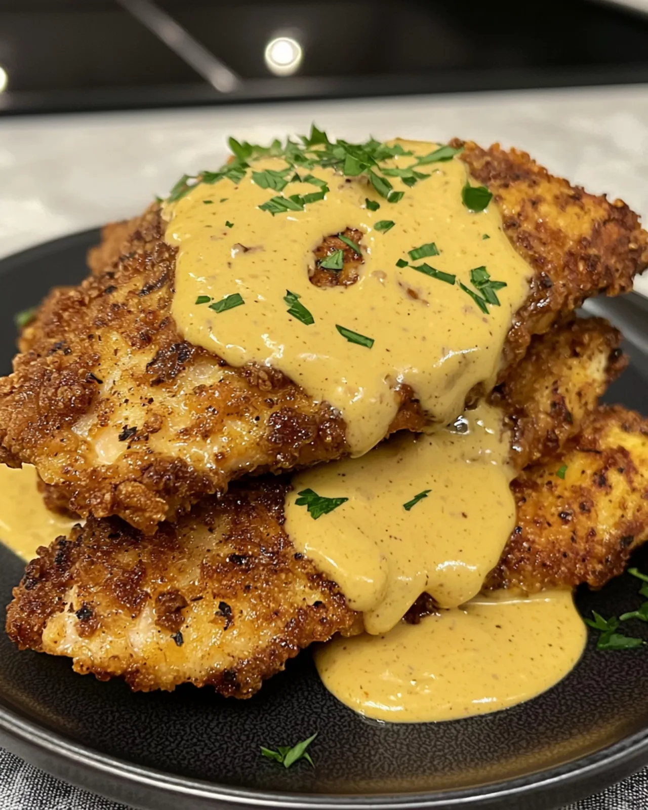 Pretzel-Crusted Chicken with Creamy Mustard Cheddar Sauce