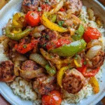 Sausage, Onion, Bell Peppers & Tomatoes Over Rice