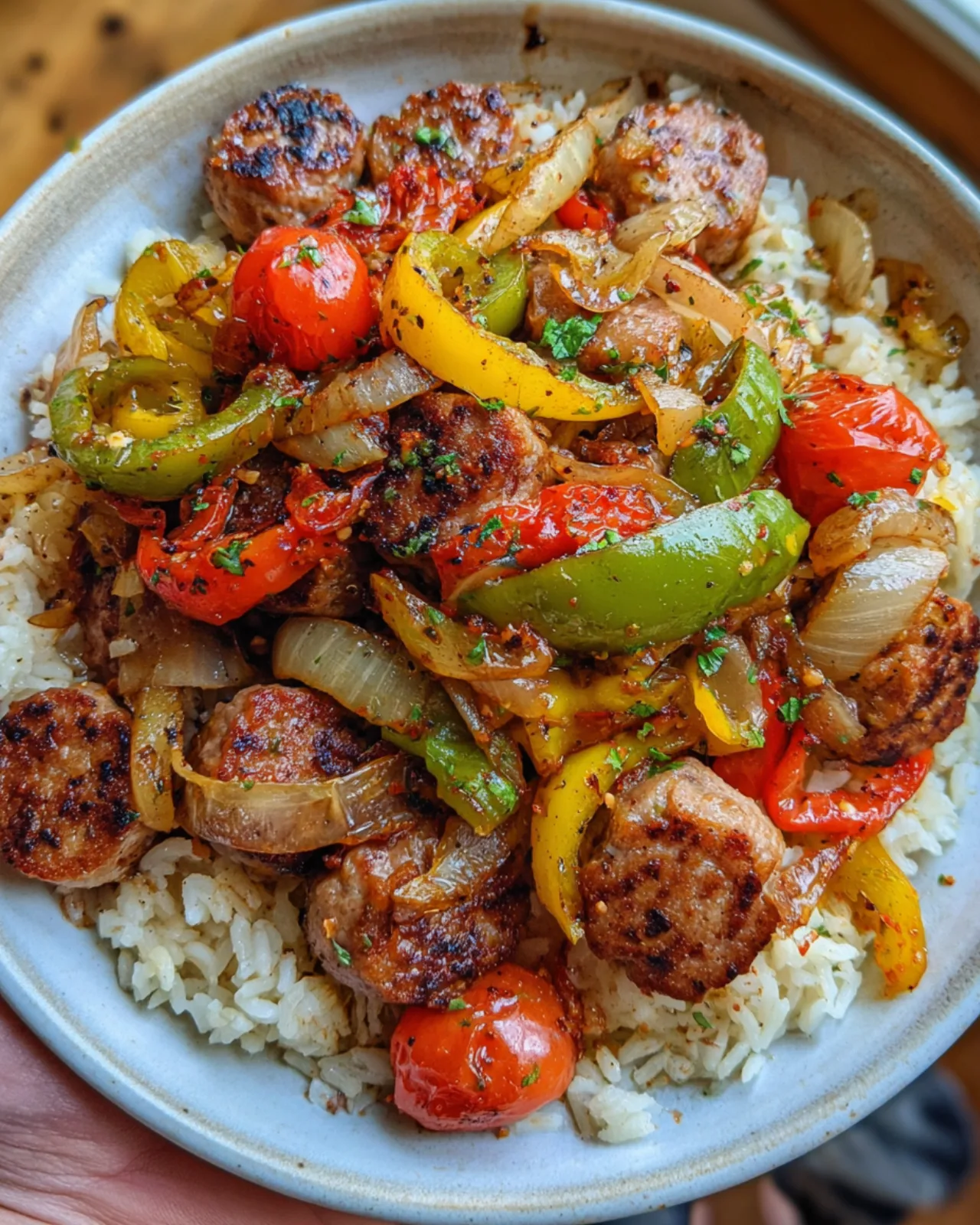 Sausage, Onion, Bell Peppers & Tomatoes Over Rice