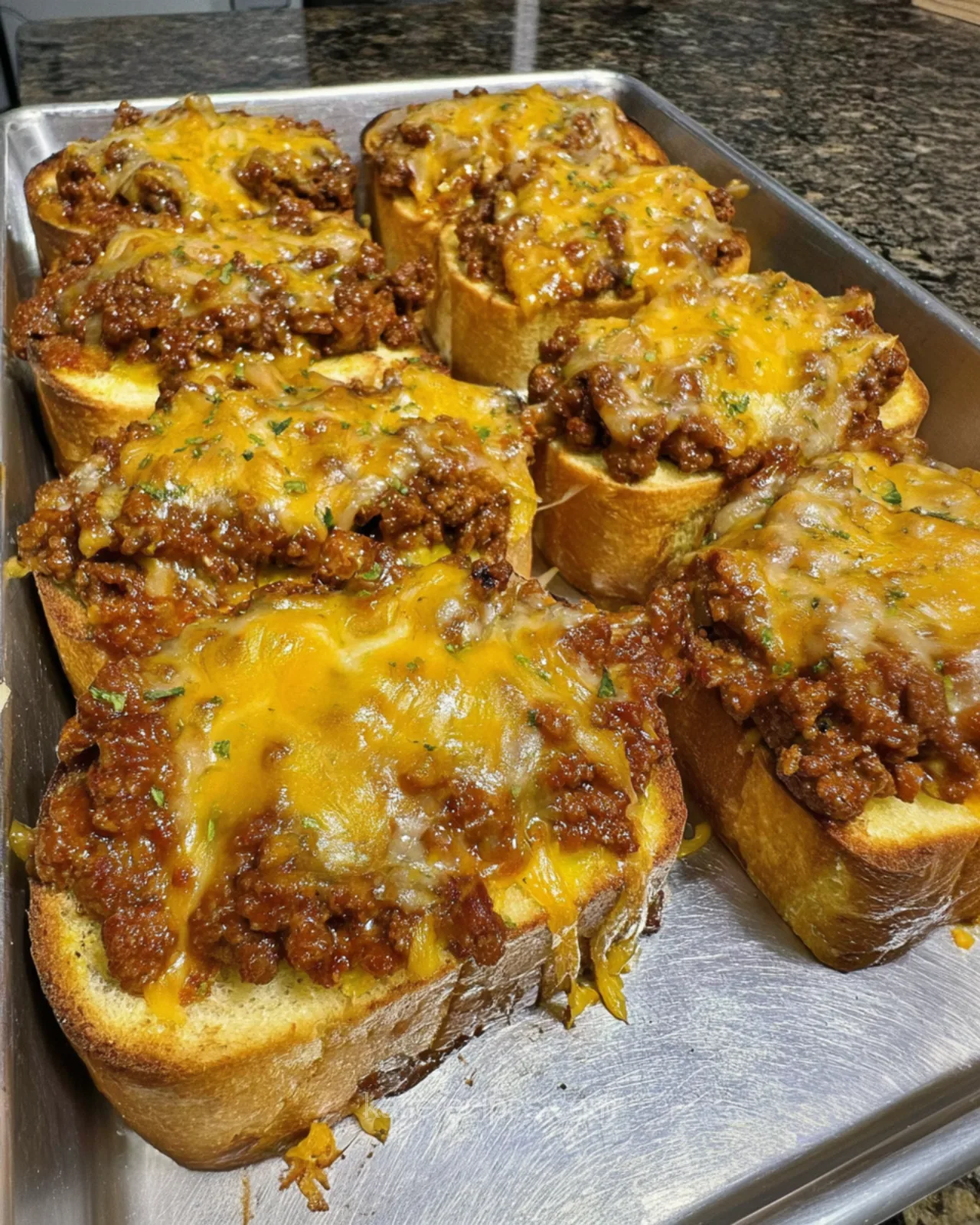 Cheesy sloppy joe garlic toast with melted cheddar