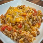 Cheesy taco beef and rice cooked in a skillet with melted cheese and seasoned ground beef