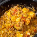 Crockpot cheesy taco potatoes with ground beef and melted cheese