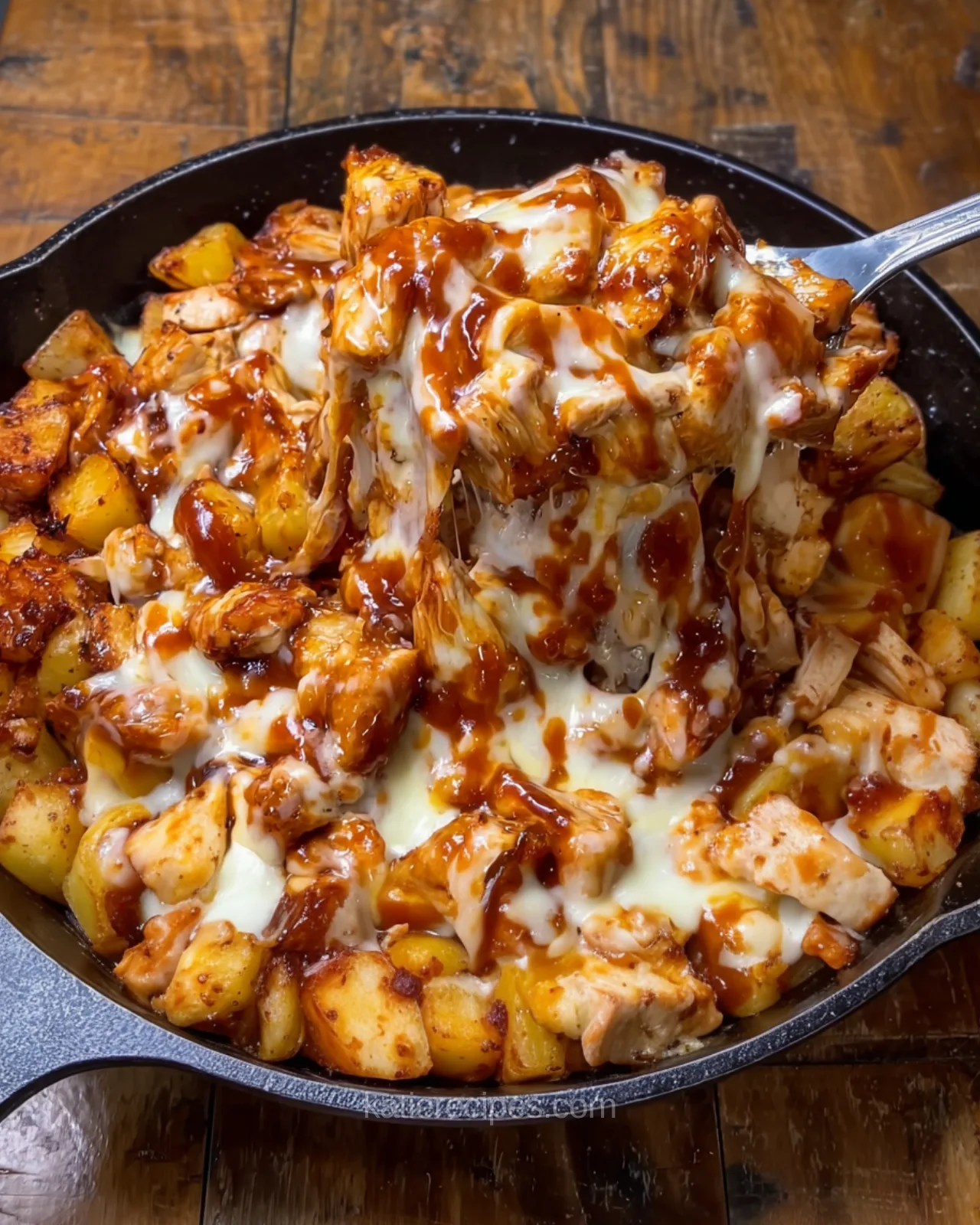 bbq chicken and potato skillet with melted cheese