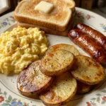 Crispy skillet potatoes with soft fluffy eggs, buttery toast, and sausage on the side
