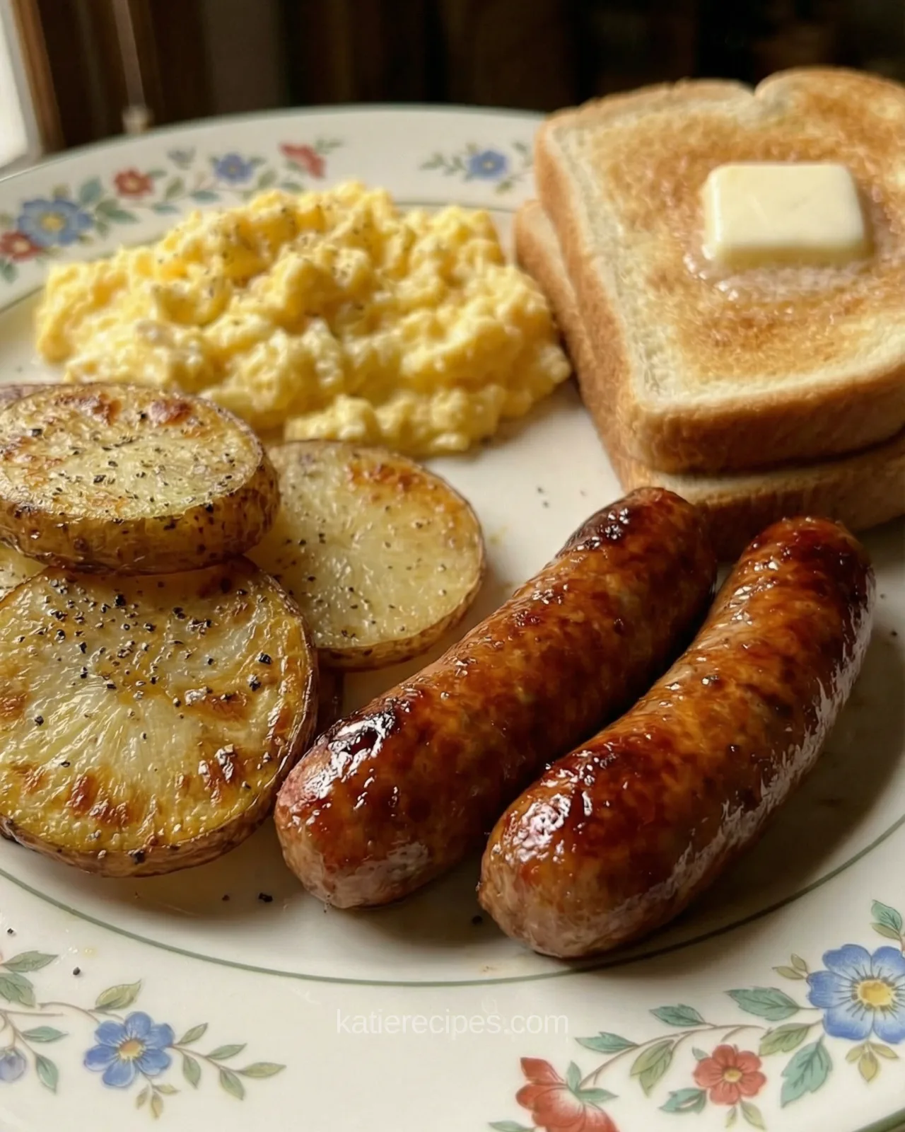 crispy skillet potatoes, soft fluffy eggs, buttery toast, with sausage on the side Articl-2