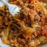 Bowl of crockpot cabbage roll casserole ready to serve