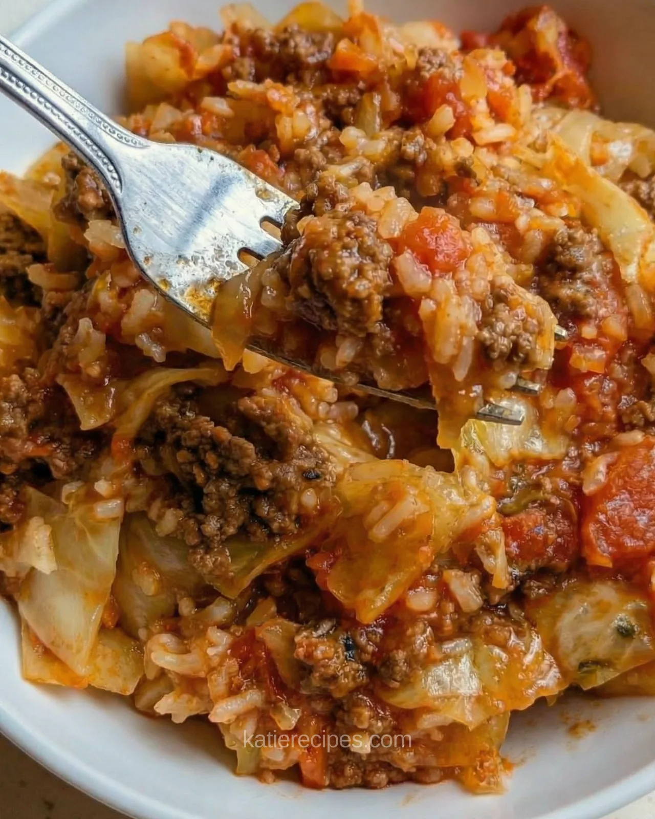 Bowl of crockpot cabbage roll casserole ready to serve