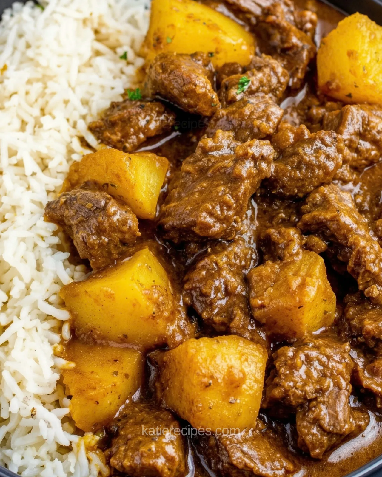 curry beef and potatoes served with rice