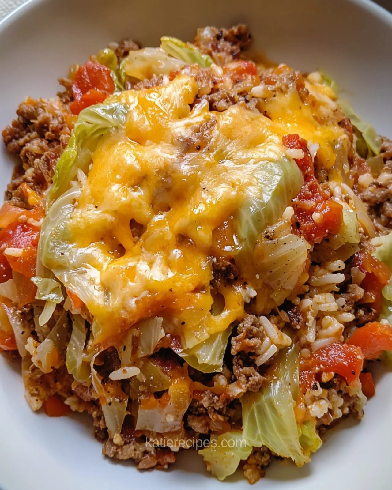 cheesy cabbage beef casserole in a dish