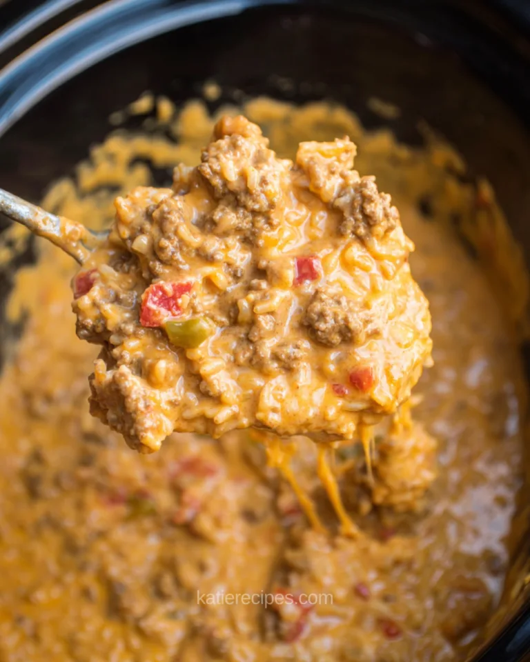 Crockpot loaded queso beef and rice inside a slow cooker
