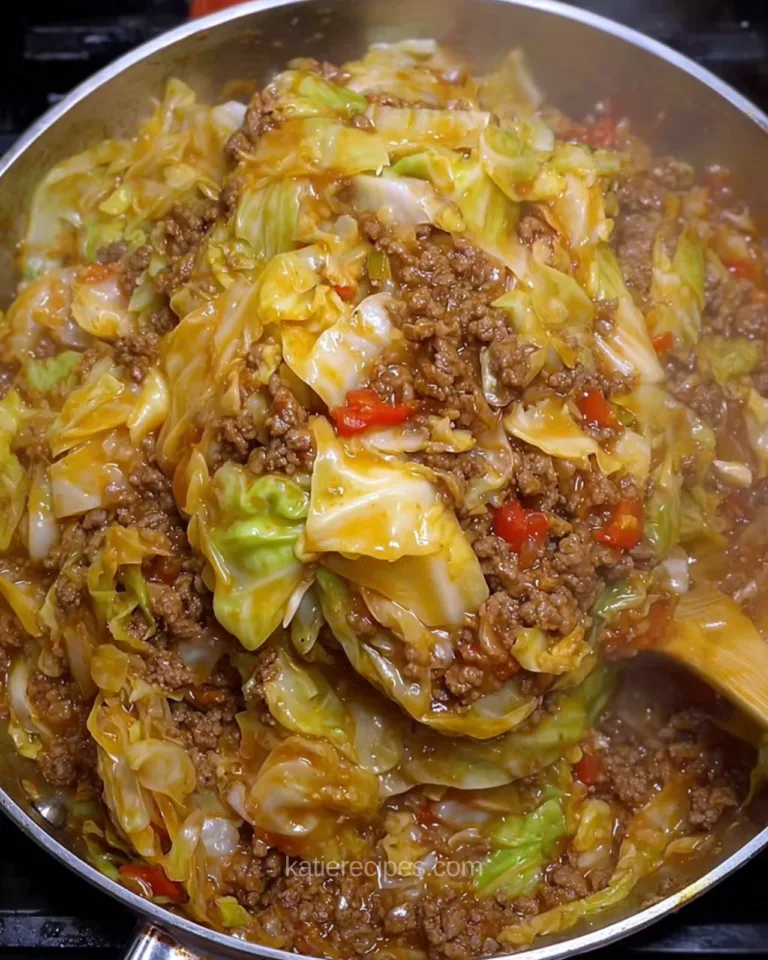 Loaded cabbage skillet with ground beef, tender cabbage, and red peppers in a savory sauce