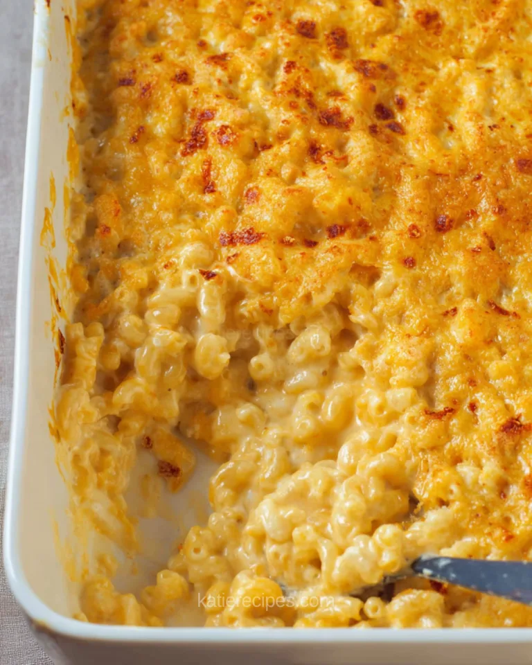 Baked mac and cheese with a golden cheese crust and creamy sauce in a white casserole dish