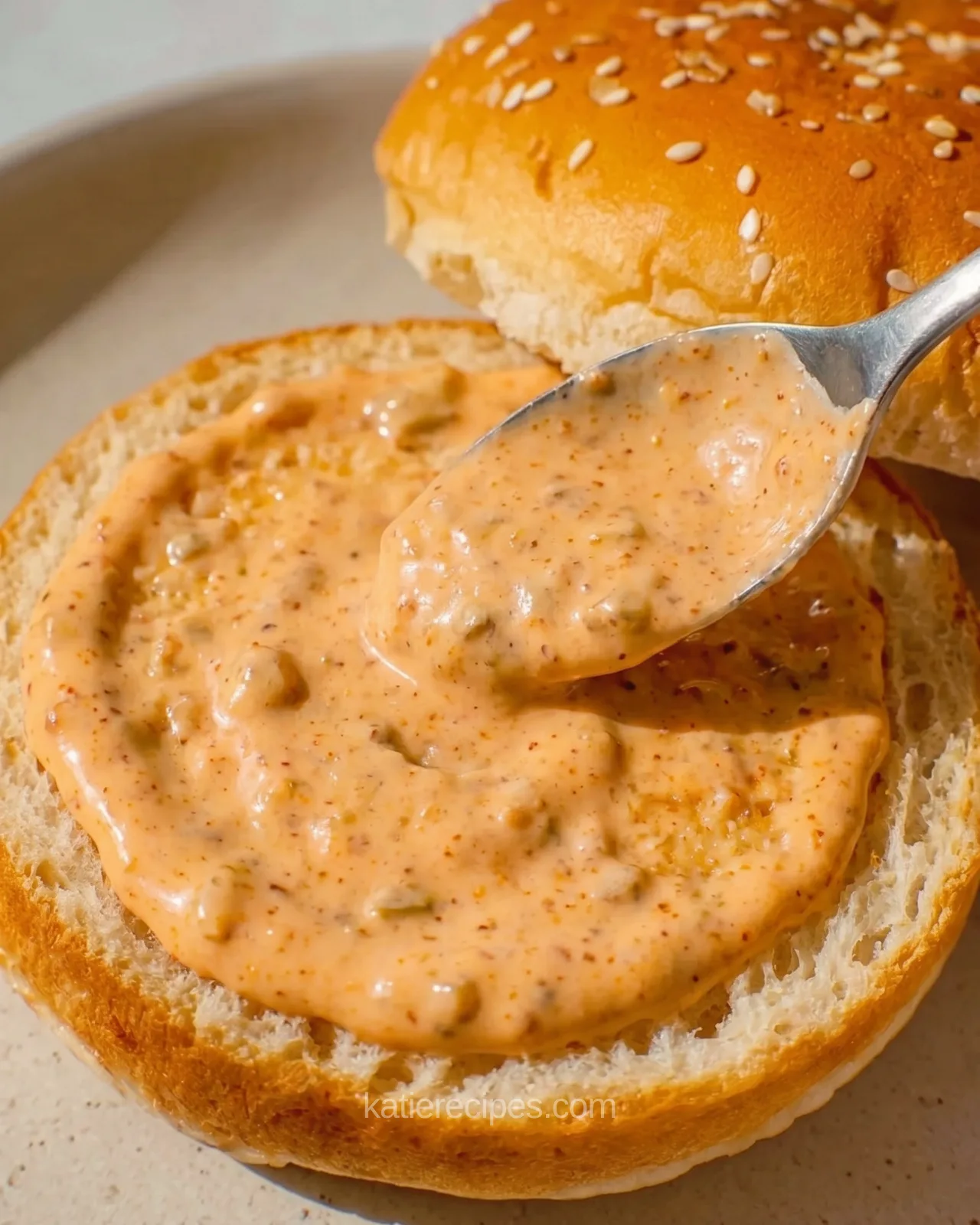 Homemade burger sauce spread on a toasted sesame burger bun