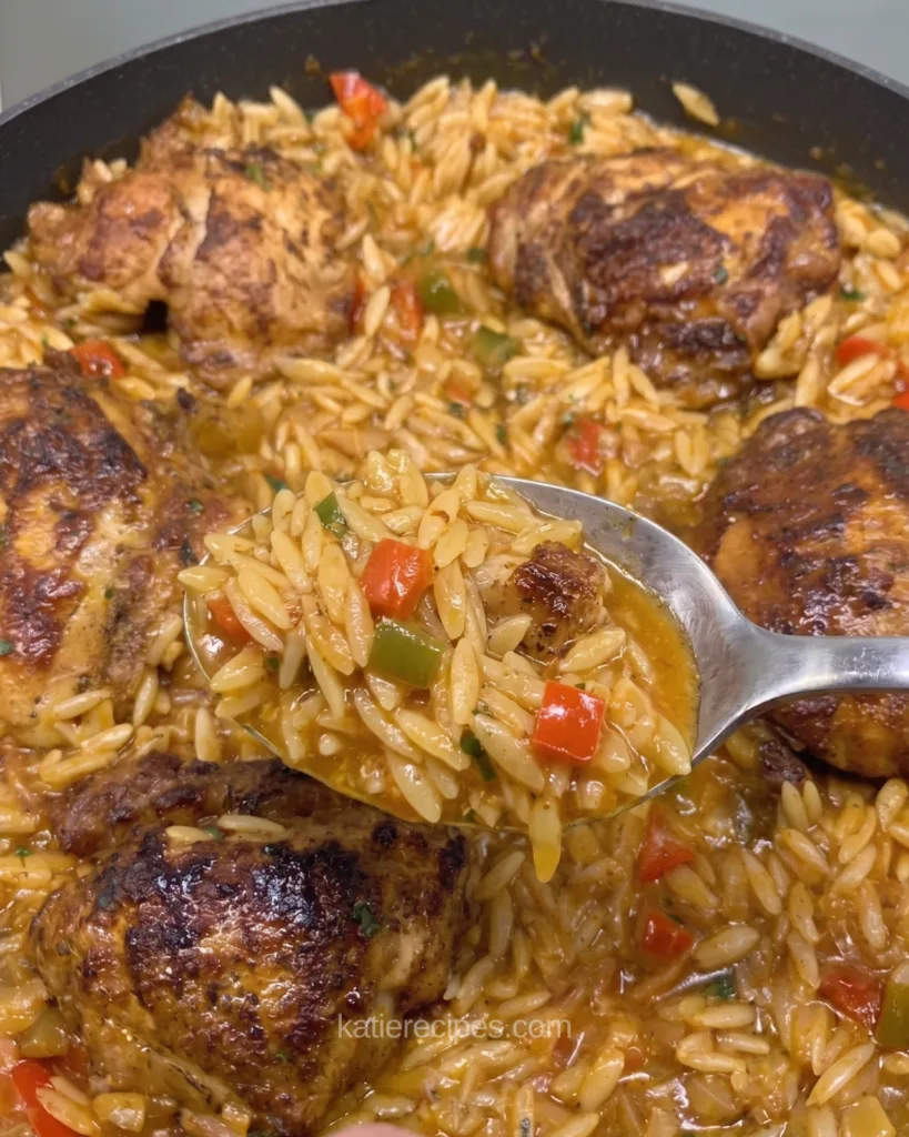 Spoonful of creamy Cajun orzo with peppers lifted from a skillet of chicken thighs