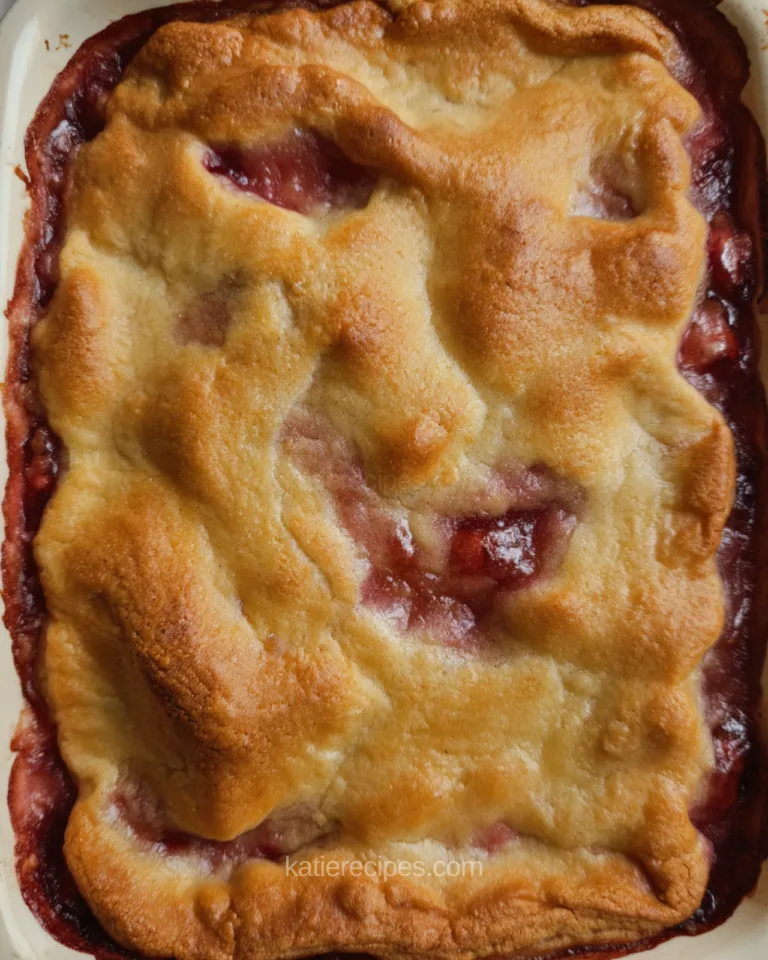 Hillbilly pie with golden puffed crust and cherry filling showing through in a white baking dish