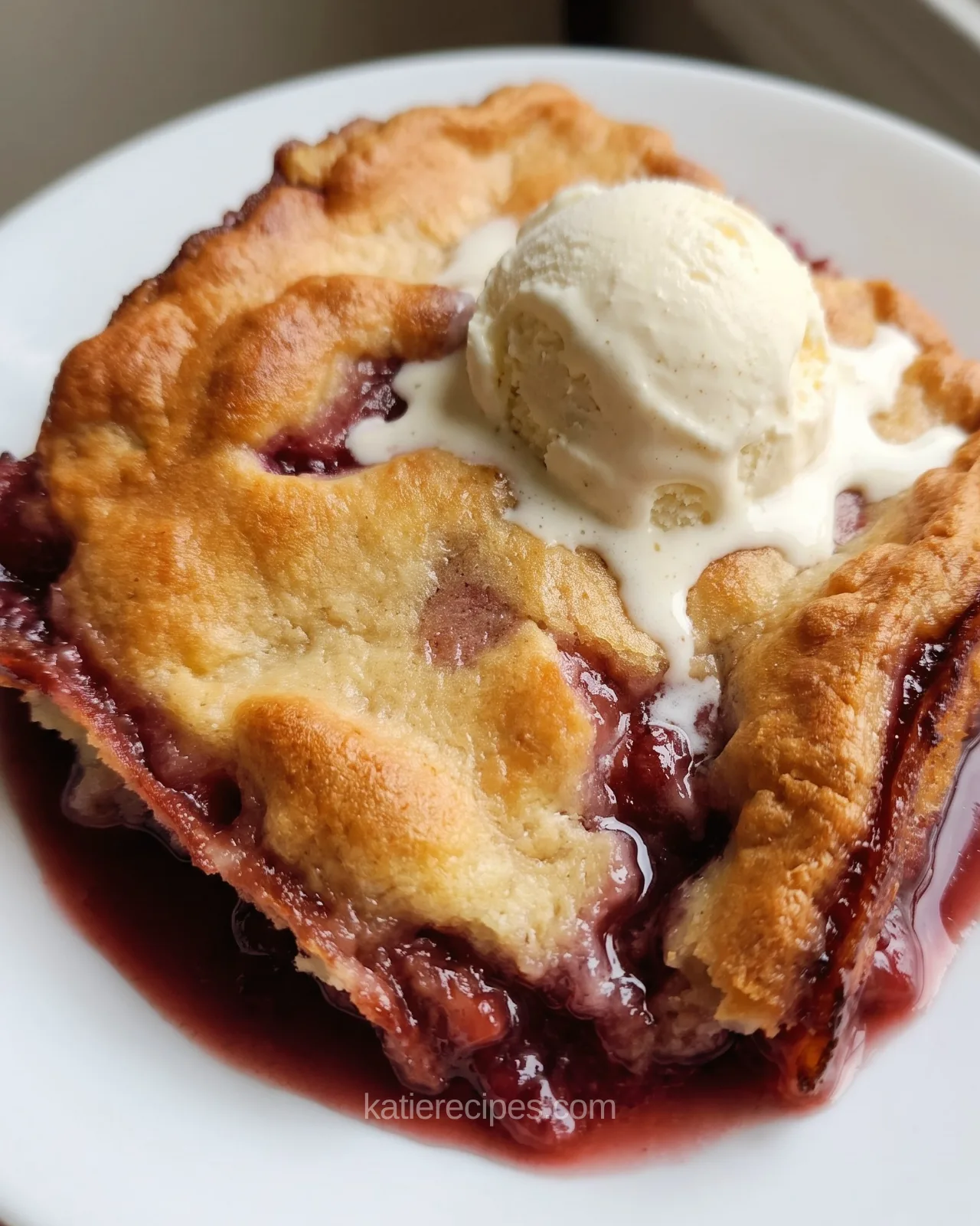 Serving of hillbilly pie on a white plate with vanilla ice cream and cherry syrup