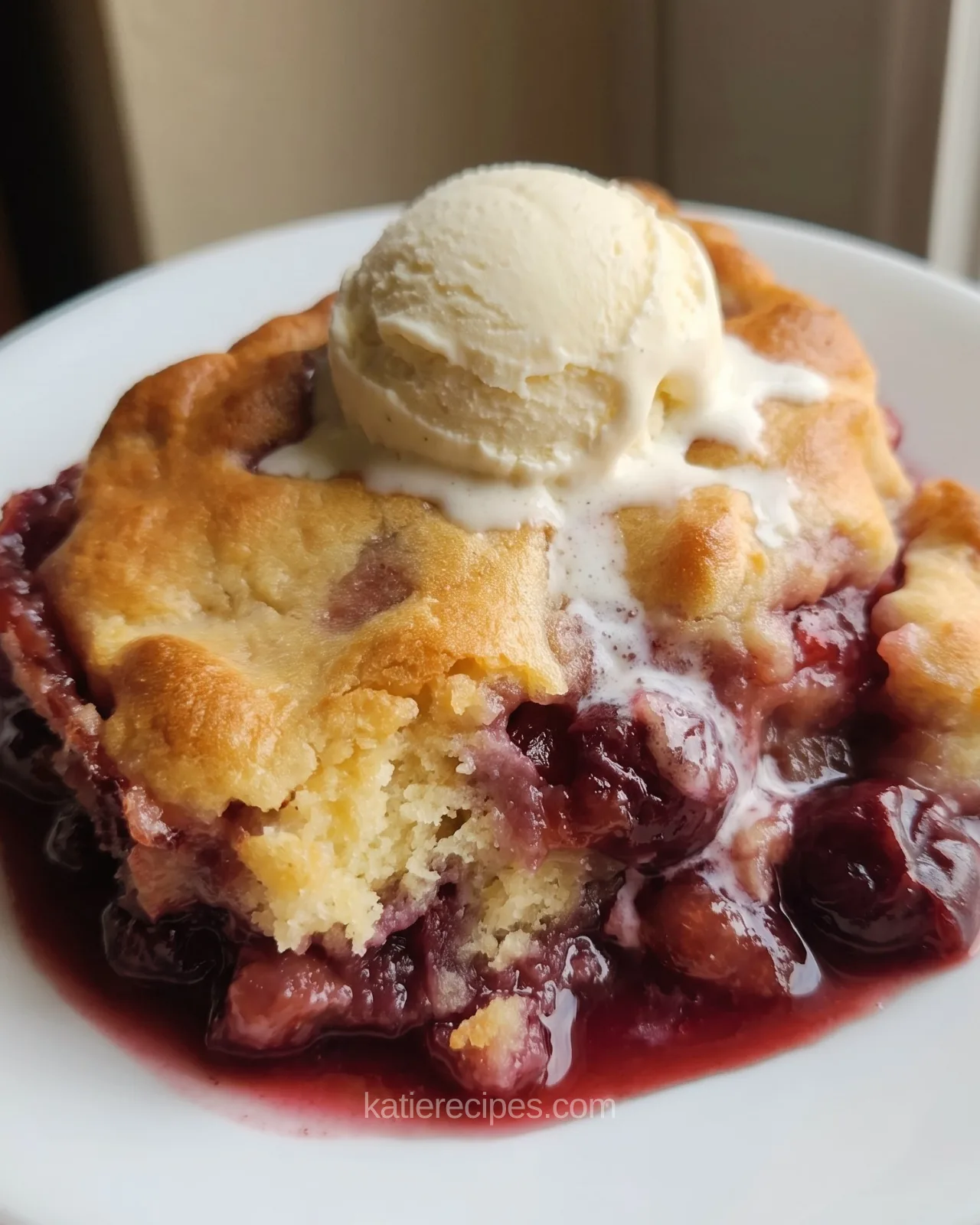 Serving of hillbilly pie with cherries, soft cake, and vanilla ice cream on a white plate