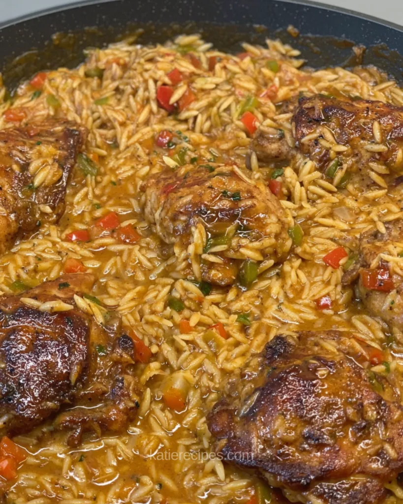 Honey butter Cajun chicken thighs over creamy orzo with peppers in a skillet