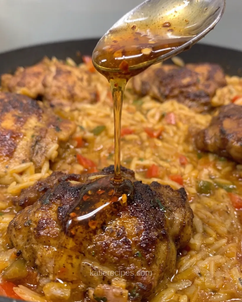 Honey butter being spooned over seared Cajun chicken thighs in a skillet of orzo
