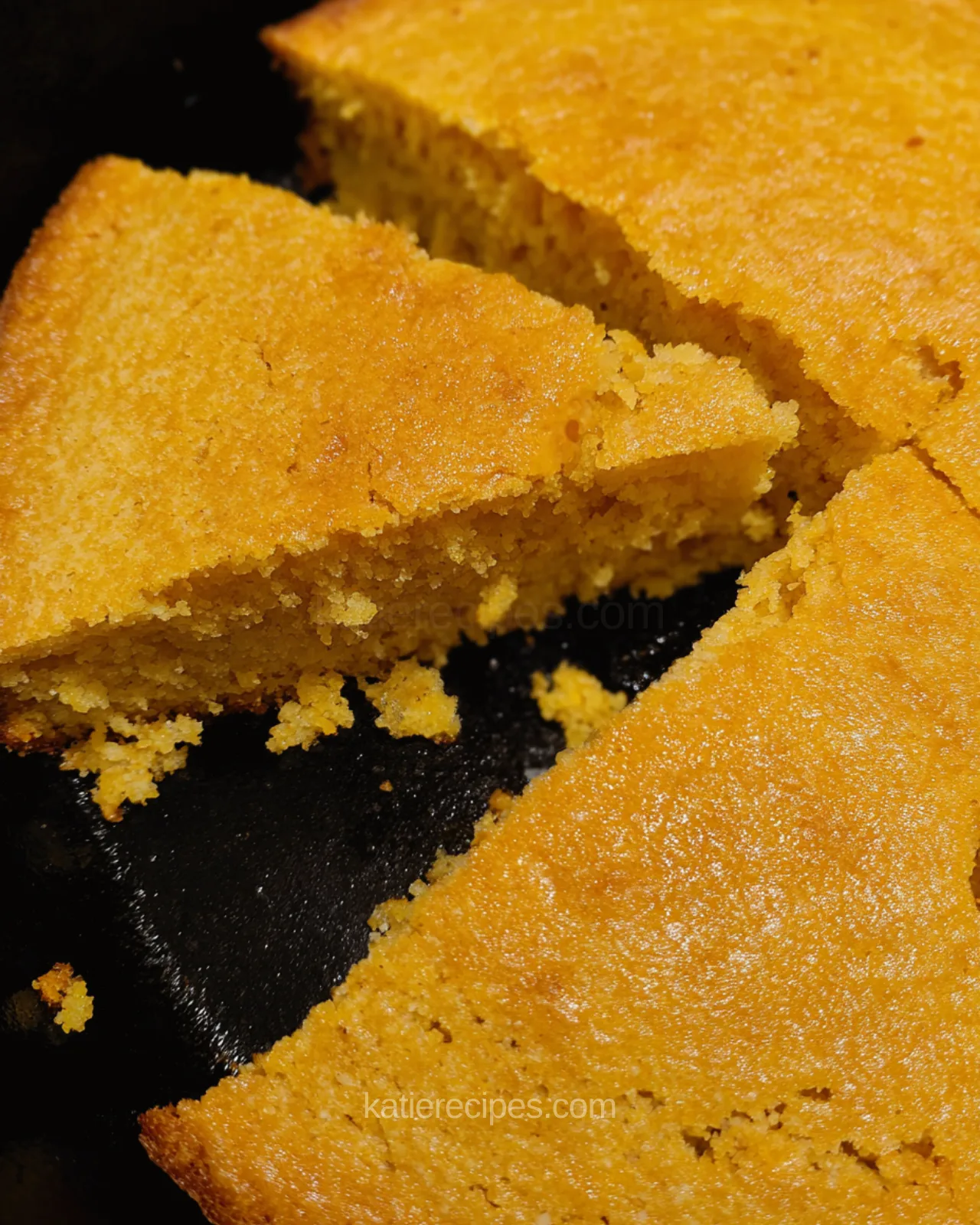 Close-up of sweet potato cornbread crumb showing cornmeal texture in a cast iron skillet